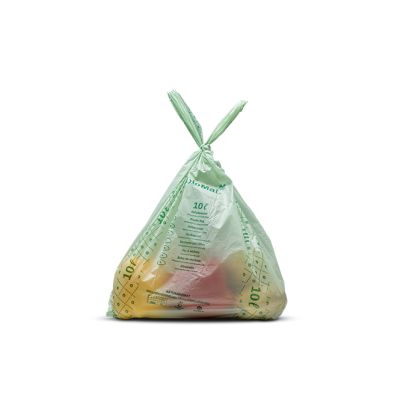 10 litre organic bag with contents organic waste and tied at the handles