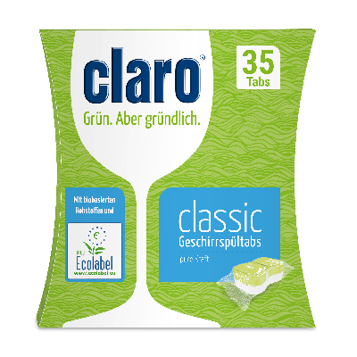 claro classic dishwasher tablets in green cardboard packaging